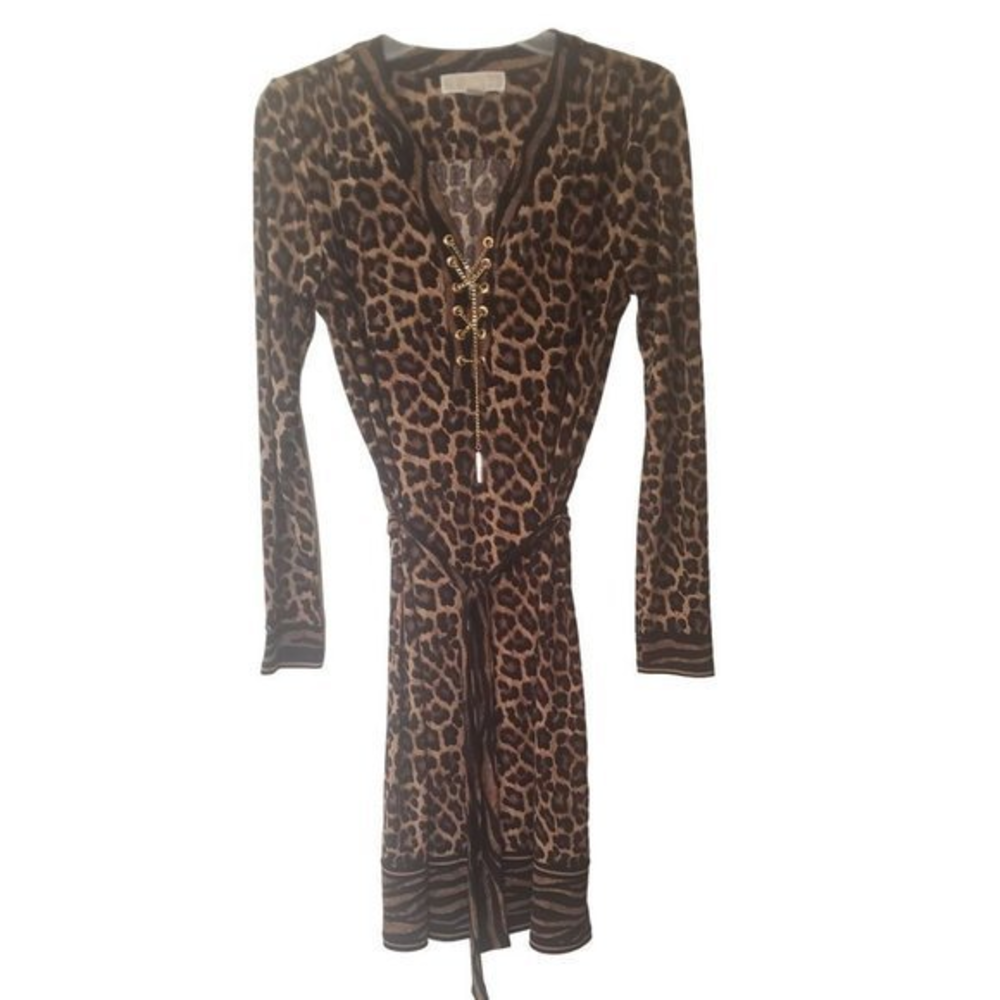 - MICHAEL Kor Womens Chain Neckline‎  Leopard Print Dress with Belt Size Sm
